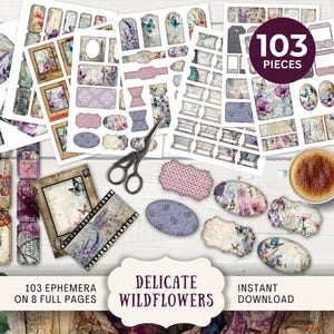 Kit de diario basura con delicadas flores silvestres: etiquetas, tickets, minisobres, minitarjetas, etiquetas, tiras de película, marcos y pestañas, flores de pradera WFDE