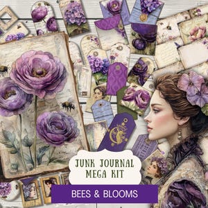 Könnte beinhalten: Eine Sammlung von Ephemera im Vintage-Stil mit Blumen- und Bienenmotiven. Das Bild zeigt ein Buch, Etiketten und Karten mit lila Blumen, Bienen und einem Frauenporträt. Der Text lautet "Junk Journal Mega Kit" und "Bees & Blooms."