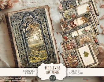 May include: An open journal with a medieval autumn landscape illustration, alongside a stack of decorative pages. The journal cover features an arched window design. The image includes the text "6 DOUBLE PAGES", "MEDIEVAL AUTUMN", and "INSTANT DOWNLOAD".