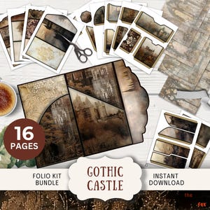Folio de journal indésirable du château gothique désolé, 16 pages numériques à agencer et à agencer et pochettes Folio numérique à trois volets pour manoir damassé effrayant
