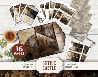 Desolate Gothic Castle Junk-Journal Folio, 16 Digital Mix und Match Seiten und Taschen 11 x 8,5 "Digitales gruseliges Damast Herrenhaus Dreifach-Folio."