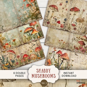 Shabby Chic Field Fungi Junk Journal Pages, 6 pages de scrapbooking numérique, 11 x 8,5 po. imprimable Journal éphémère, papier d'art champignon vénéneux
