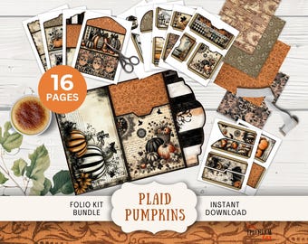 Plaid Pumpkins Junk Journal Folio Kit, 16 digitale mix- en matchpagina's en vakken, afdrukbaar driezijdig zwart-oranje cottagecore shabby chic HWPK