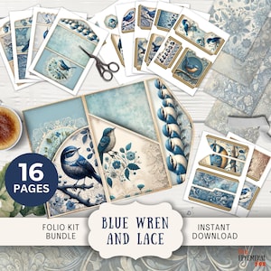 Blue Junk Journal Birds Folio, 16 digitale mix- en matchpagina's en zakjes van 11 x 8,5 inch afdrukbaar vintage eigenzinnige vogels driebladige sialia bluejay