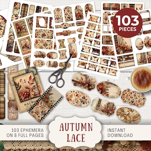 Herbst Spitze Junk Journal Ephemera Kit- Tags Tickets Mini-Umschläge, Mini-Karten Etiketten Filmstreifen Rahmen & Tabs Herbstblätter shabby chic AULC