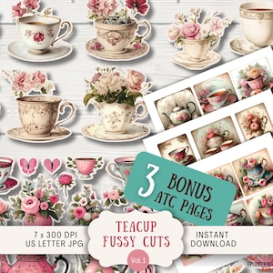 Tasses à thé roses et cartes ATC.  Junk Journal Ephemera, créations en papier imprimable numérique, tasses à thé vintage coupe délicate rose pastel et bleu