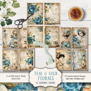 Cartes de journal indésirable bleu et sarcelle, 12 cartes ATC imprimables Ephemera vintage florals, fleurs victoriennes shabby chic cottagecore fantaisiste