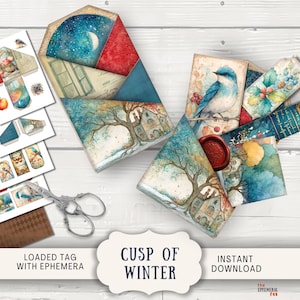 May include: A collection of ephemera, tags, and envelopes with watercolor illustrations. The designs feature a winter theme with a blue bird, a house, and a tree. The text "Cusp of Winter" is displayed.