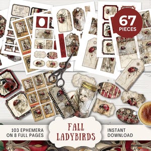 May include: A collection of vintage-style ephemera featuring ladybugs, including tags, frames, and decorative elements. The image includes the text "Fall Ladybirds" and "Instant Download". There are 67 pieces.