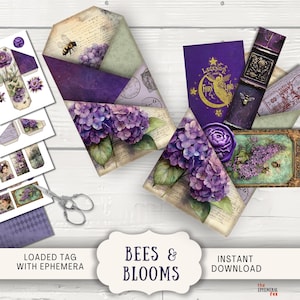 Puede incluir: Una colección de efímeras con temática floral y de abejas. La imagen presenta ilustraciones de hortensias moradas en sobres y etiquetas, junto con elementos decorativos como una rosa morada, una abeja y un billete vintage. Se muestran las palabras "Bees & Blooms".