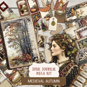May include: A collection of vintage-style ephemera, including tags, cards, and envelopes, with a medieval autumn theme. The image features a central illustration of a woman and a landscape scene, with the text "Junk Journal Mega Kit" and "Medieval Autumn".