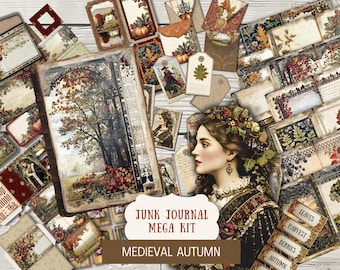 May include: A collection of vintage-style ephemera, including tags, cards, and envelopes, with a medieval autumn theme. The image features a central illustration of a woman and a landscape scene, with the text "Junk Journal Mega Kit" and "Medieval Autumn".