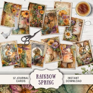 Cartes de journal printanière pastel arc-en-ciel, 12 cartes numériques ATC éphémères imprimables, artisanat en papier vintage été neutre fille chat boho minable RBSP