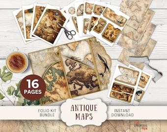 Old Map Junk Journal Kit, 16 Digital Mix and Match Page Folio 11 x 8.5" Digital Printables antique pirate map atlas vintage trifold folio
