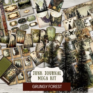 Könnte beinhalten: Ein digitales Scrapbooking-Set mit einem Grunge-Wald-Thema. Das Set enthält eine Vielzahl von Bildern, Papieren und Verzierungen. Das Set ist perfekt, um einzigartige und personalisierte Projekte zu erstellen.