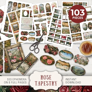 Pode incluir: Um conjunto de 103 elementos de efêmera digital imprimíveis de estilo vintage com rosas, paisagens e designs florais. A efêmera é perfeita para scrapbooking, criação de cartões e outros projetos de artesanato. O conjunto inclui 8 páginas completas de imagens imprimíveis.