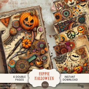 Journal d'Halloween hippie, 6 pages de scrapbooking numérique, 11 x 8,5 po., imprimable, effrayant, minable, chic, citrouille, automne, automne, rétro, 70, HAHI