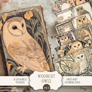 Houtsnede grillige uilen ongewenste dagboekpagina's 6 digitale plakboekpapier 11 x 8,5" kunst afdrukbare WHO3 linosnede linoprint uil vogels neutrale kleuren WHO3