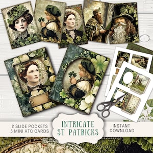 St Patricks Slide Pockets Junk Journal imprimable, chutes éphémères vintage minable, enveloppe spécimen trèfle porte-bonheur cartes ATC victorien SPIP