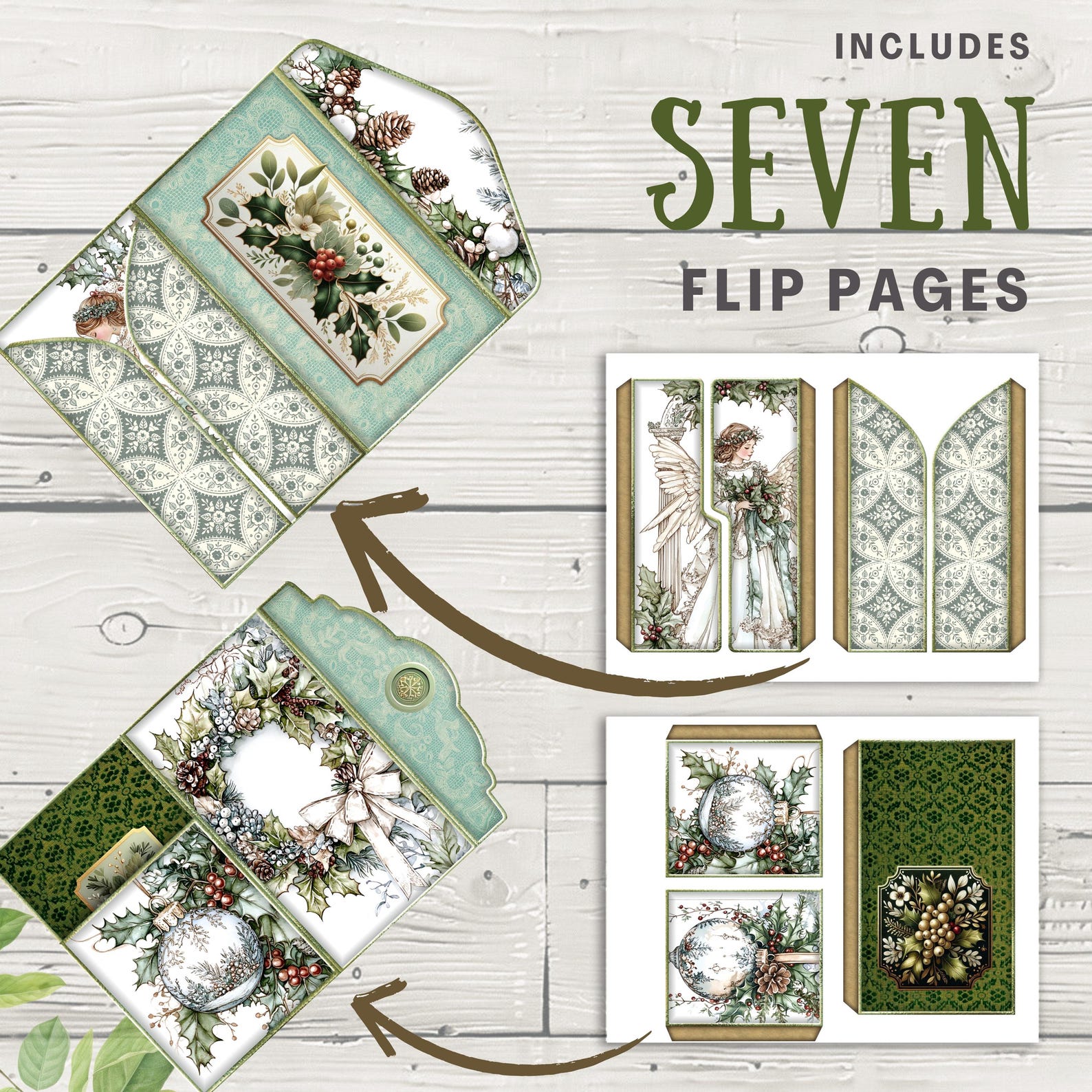 Sage Green & White Christmas Junk Journal Folio Kit, 16 Digital Mix and ...