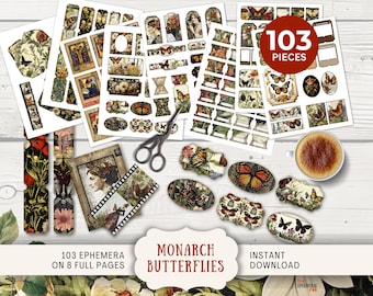 May include: A digital download of 103 printable ephemera featuring monarch butterflies, flowers, and vintage illustrations. The ephemera is arranged on eight full pages. The text "103 Pieces" is in a red circle at the top of the image.