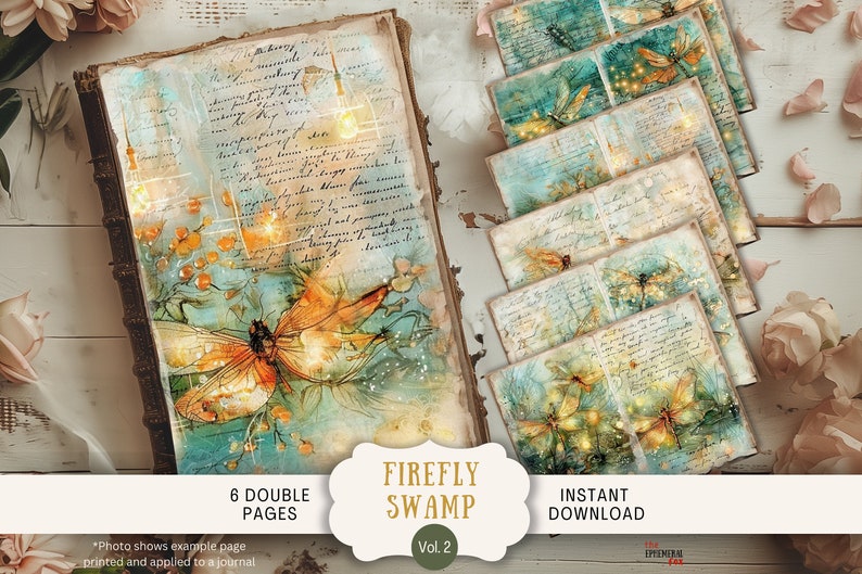 May include: Six double-page digital scrapbook papers featuring a vintage, hand-written journal page background with a dragonfly and fireflies. The pages are in shades of blue, green, and brown with gold accents. The text on the page reads "Firefly Swamp Vol. 2".