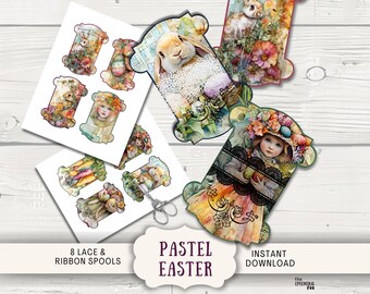 May include: Eight printable images of pastel coloured lace and ribbon spools with floral and bunny designs. The images are perfect for crafting and scrapbooking.