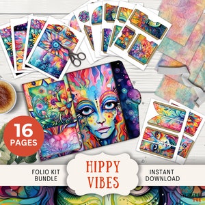 Journal folio hippie, 16 pages et pochettes numériques à agencer, 11 x 8,5 pouces à imprimer numériques, effets rétro éphémères arc-en-ciel lumineux