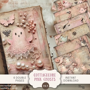 Carnet rose d'Halloween, 6 feuilles de scrapbooking numérique, 11 x 8,5 po., impression d'art, dentelle cottagecore shabby chic minable effrayant et perle crème HWPG