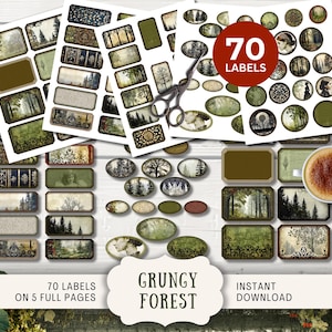 May include: A collection of 70 "Grungy Forest" labels on five pages, featuring rectangular and oval designs with forest and nature-themed illustrations. Includes scissors and a small dish with a dessert. The labels are available for instant download.