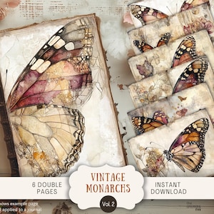 May include: Vintage Monarchs Vol. 2 digital paper pack with 8 double pages featuring watercolor illustrations of butterflies on a textured background. Instant download.