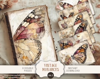 May include: Vintage Monarchs Vol. 2 digital paper pack with 8 double pages featuring watercolor illustrations of butterflies on a textured background. Instant download.