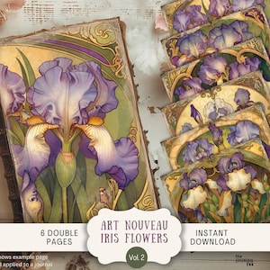 Könnte beinhalten: Ein Vintage-Buchcover mit einer Illustration von lila und weißen Iris-Blumen. Der Titel des Buches lautet "Art Nouveau Iris Flowers, Vol. 2".