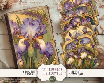 Art Nouveau Iris Junk Journal Pages 6 Digital Scrapbook Papers 11 x 8.5" Art Printable Purple Whimsical Irises Mucha Florals Flowers ANIR
