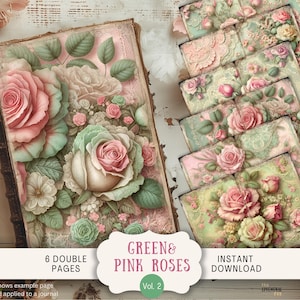 Mint Englisch Vintage Rosen Junk Journal Seiten 6 Digitale Papiere 11 x 8,5" Art Printable Grün und Rosa Shabby Chic Blumen MIGR