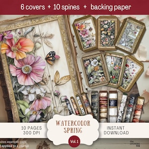 Kit de couverture : aquarelle printanière, couvertures et dos de journaux, lettre US, couverture de livre 300 ppp, décoration imprimable wildlowers floral doré pastel WCSP
