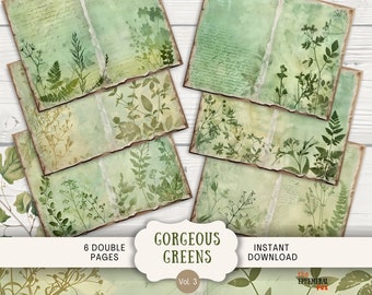 Fern Greenery Junk Journal Pages, 6 Digital Scrapbook Pages, 11 x 8.5" Art Printable Journal Ephemera, forest fern foliage art journal pages