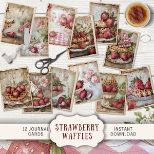 Cartes de journal gaufres aux fraises, 12 cartes de journal numérique indésirable, journal imprimable éphémère, cartes de journal vintage fraises artisanales en papier