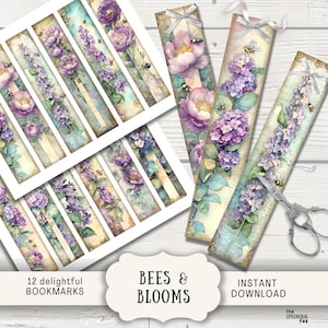 May include: Watercolor bookmarks featuring purple flowers, bees, and botanical elements. The design includes hydrangeas, lavender, and roses. The text on the image reads "Bees & Blooms" and "12 delightful bookmarks".