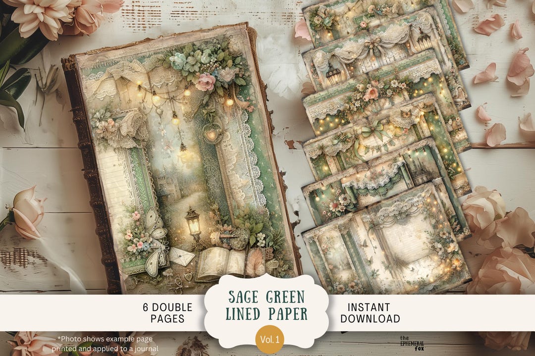 Lined Sage Green Junk Journal Pages 6 Digital Scrapbook Paper 11 X 8.5 ...