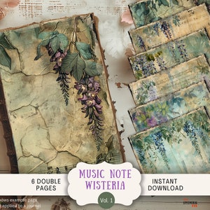 Muzikale blauweregen ongewenste dagboekpagina's, 6 digitale plakboekpagina's, 11 x 8,5" kunst afdrukbare ephemera, vintage paarse groenblauw bloemen, partituur