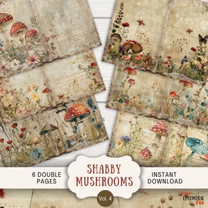Pages de journal indésirable shabby chic champignons des champs, 6 pages de scrapbooking numérique, 11 x 8,5 po. imprimable Journal éphémère, papier pour journal artistique champignon vénéneux