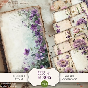 Peut inclure: Un journal de style vintage et plusieurs cartes décoratives avec des illustrations florales et d'abeilles. Le journal présente des fleurs et de la verdure violettes. Les cartes ont divers motifs floraux et le texte "BEES & BLOOMS".