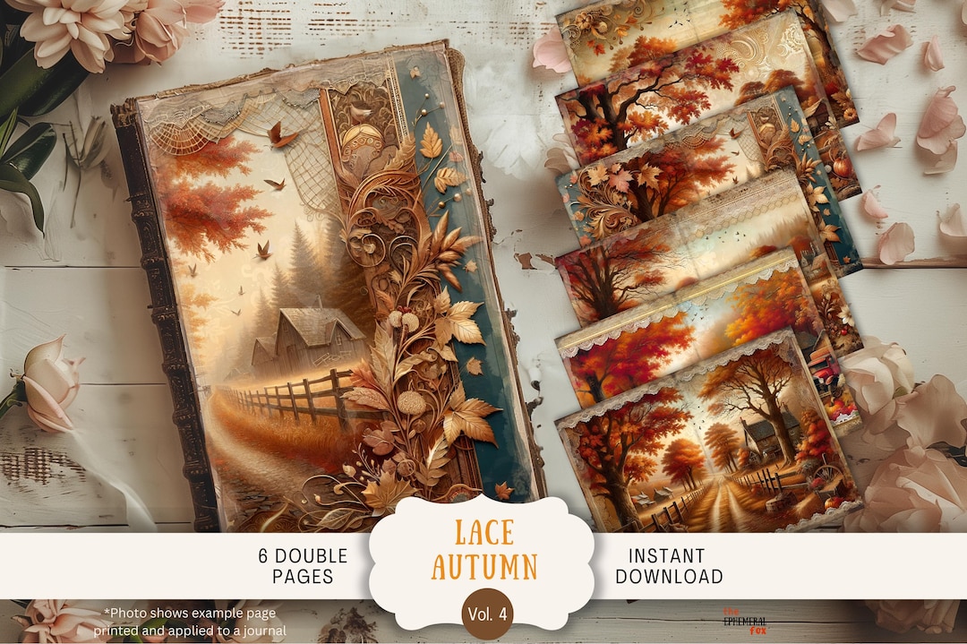 Autumn Lace Collage Junk Journal Pages 6 Digital Scrapbook Pages 11 X 8 ...