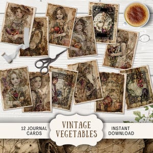 Cartões de diário de horta vintage, 12 cartões ATC de diário de lixo digital, itens efêmeros de diário para impressão, artesanato em papel jardinagem vitoriana VVEG