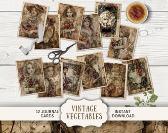 Vintage Vegetable Garden Journal Cards,  12 Digital Junk Journal ATC Cards, Printable Journal Ephemera, Paper Craft victorian gardening VVEG