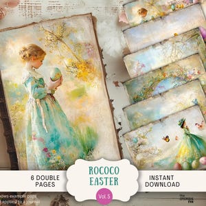 May include: A digital art print featuring a Rococo Easter theme. The image showcases a woman in a flowing gown holding an egg, with additional pages displaying similar pastel illustrations. The text includes "6 DOUBLE PAGES", "ROCOCO EASTER", and "INSTANT DOWNLOAD".