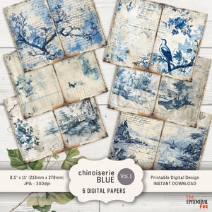 Vintage toile de jouy-junkdagboekpagina's, 6 digitale junk-journaalpagina's 11 x 8,5" afdrukbare efemere papierwaren, toile de jouy, blauw en kant
