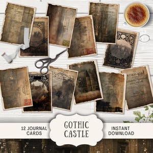 Cartes de journal château gothique, 12 cartes de journal numérique indésirable, journal imprimable éphémère, cartes ATC créations en papier château hanté Halloween
