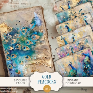 Gold Peacock Junk Journal Seiten 6 Digitale Scrapbook Papiere 11 x 8,5 "Kunst Druckbare Luxe Gold 3d Mixed Media Virbrant Vögel grün Teal GLPK